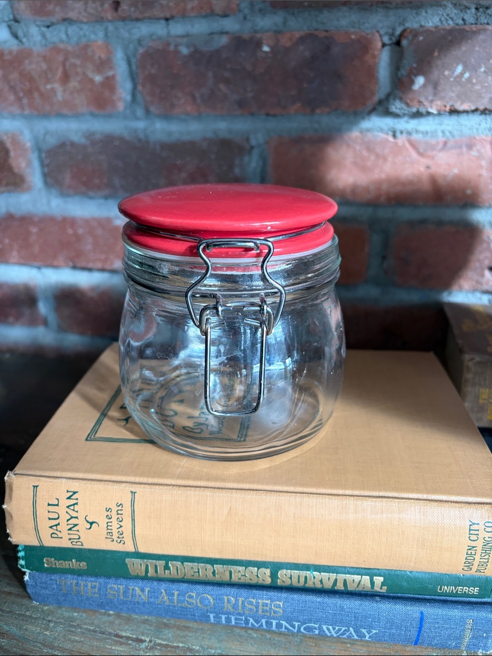 Small Clear Glass Storage Jar with Red Airtight Lid